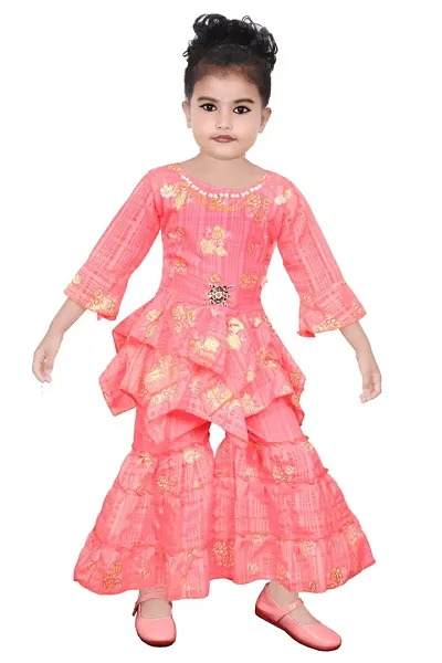 S.M MUNIF DRESSES Trendy Dress for Baby/Kids Girls Floral Printed Sharara Set | Includes Top and Sharara | 100% Cotton | Ethnic Girls Wear for All Occasions Sharara Set (7-8 Years, Peach)