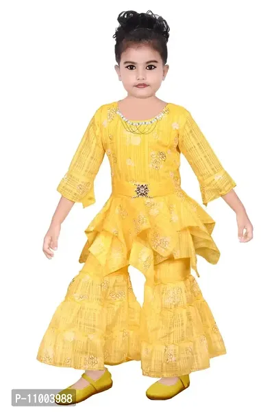 S.M MUNIF DRESSES Trendy Dress for Baby/Kids Girls Floral Printed Sharara Set | Includes Top and Sharara | 100% Cotton | Ethnic Girls Wear for All Occasions Sharara Set (7-8 Years, Dark Yellow)-thumb0
