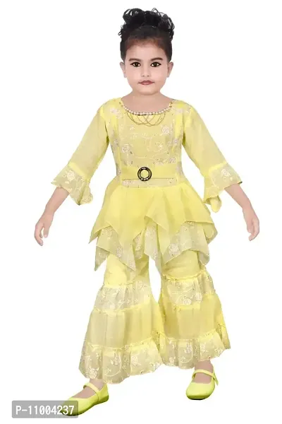 S.M MUNIF DRESSES Trendy Dress For Baby/Kids Girls Printed Sharara Set | Includes Top and Sharara | 100% Cotton | Ethnic Girls Wear for all Occasions Sharara Set for Kids (4-5 Years, Lemon Yellow)-thumb0