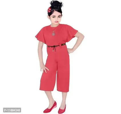 S.M MUNIF DRESSES Trendy Dungaree For Girls Solid Silk Blend | Western And Traditional Jumpsuit For Girls Kids Dresses | Elegant High Waist Designer Sleeves Romper For Girls (3 - 4 Years, Red)