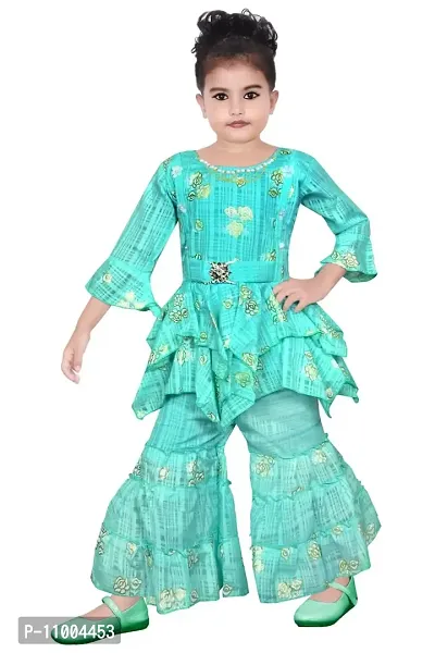 S.M MUNIF DRESSES Trendy Dress for Baby/Kids Girls Floral Printed Sharara Set | Includes Top and Sharara | 100% Cotton | Ethnic Girls Wear for All Occasions Sharara Set (6-7 Years, Sea Green)