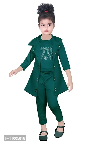 S.M MUNIF DRESSES Trendy Dungaree for Girls Cotton Lycra Blend | Western and Traditional Jumpsuit for Girls Kids Dresses | Designer 3 Piece Dress with Shrug/Coat (4-5 Years, Green)-thumb0