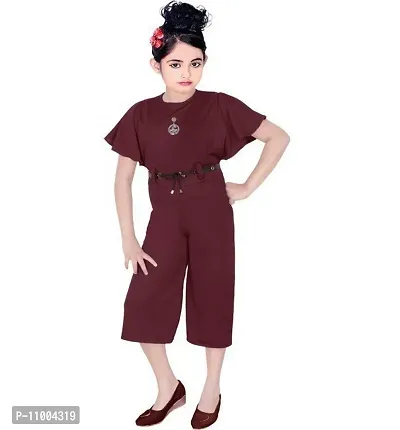 S.M MUNIF DRESSES Trendy Dungaree For Girls Solid Silk Blend | Western And Traditional Jumpsuit For Girls Kids Dresses | Elegant High Waist Designer Sleeves Romper For Girls (5 - 6 Years, Maroon)-thumb0