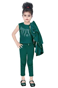 S.M MUNIF DRESSES Trendy Dungaree for Girls Cotton Lycra Blend | Western and Traditional Jumpsuit for Girls Kids Dresses | Designer 3 Piece Dress with Shrug/Coat (4-5 Years, Green)-thumb1