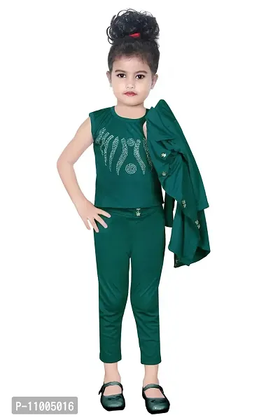 S.M MUNIF DRESSES Trendy Dungaree for Girls Cotton Lycra Blend | Western and Traditional Jumpsuit for Girls Kids Dresses | Designer 3 Piece Dress with Shrug/Coat (4-5 Years, Green)-thumb2