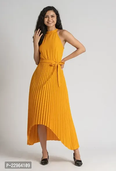 Stylish Polyester Yellow Solid Dress For Women