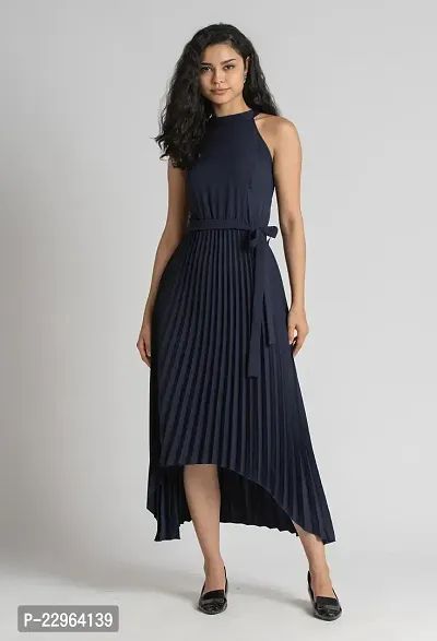 Stylish Polyester Navy Blue Solid Dress For Women