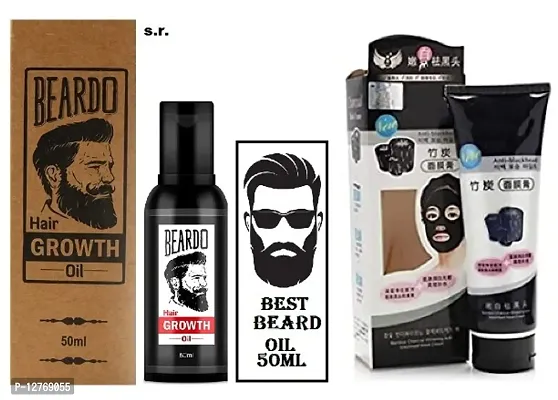 BEST BEARD GROWTH OIL FOR FASTER GROWTH 50ML + CHARCOAL PEEL OFF MASK CREAM 140G - MENS FACE CARE COMBO