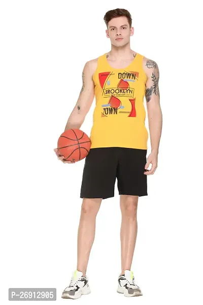 Stylish Yellow Cotton Blend Printed Gym Vests For Men