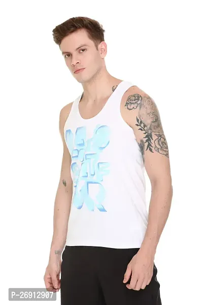 Stylish White Cotton Blend Printed Gym Vests For Men-thumb0