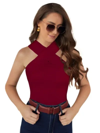 Kavmart Faltu Wear Stylish Women Sleeveless Back Cross Neck Solid Crop Top (M, Maroon)