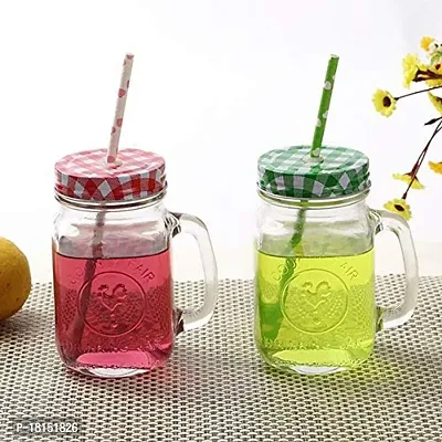 Glass Mason Jar with Lid  Straw | Coco | Mason Jar with Lid and Re-Usable Straw Mugs for Juice | Moctail | Shakes | Drinks with Handle (RENDOM COLOR 450 Ml Set of 2)