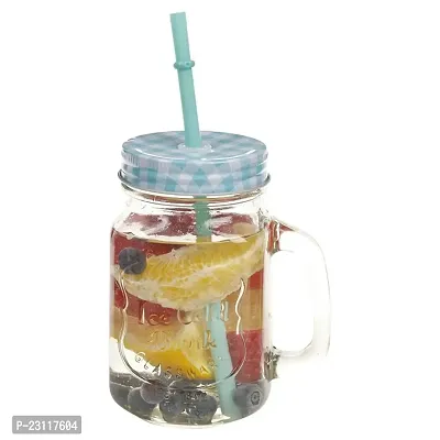 Glass Mason Jar With lid  Straw | Coco | Mason Jar with Lid and Re-Usable Straw Mugs for Juice | Mocktail | Shakes | Drinks with Handle -multi color-thumb0