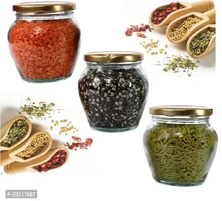 Pack Of 3 Pot Matka Shape Glass Jar and Container with Metal Air Tight Lid for Pantry ,Honey Glass Jar,Spice Masla Jar,Grocery Glass Jar,Grain Glass Jar ,for pickels, capacity 400 ml-multi color