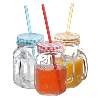 Glass Mason Jar With lid  Straw | Coco | Mason Jar with Lid and Re-Usable Straw Mugs for Juice | Mocktail | Shakes | Drinks with Handle -multi color-thumb2