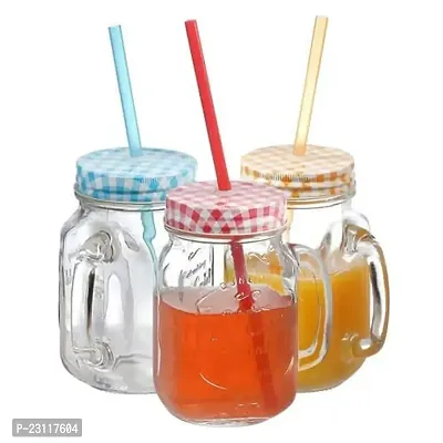 Glass Mason Jar With lid  Straw | Coco | Mason Jar with Lid and Re-Usable Straw Mugs for Juice | Mocktail | Shakes | Drinks with Handle -multi color-thumb3