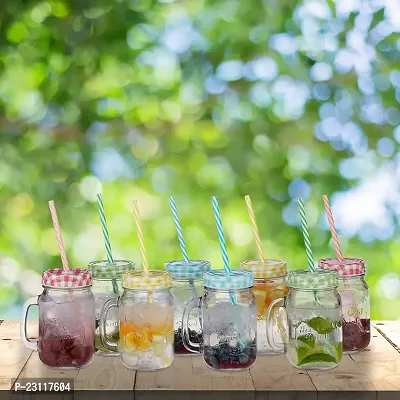 Glass Mason Jar With lid  Straw | Coco | Mason Jar with Lid and Re-Usable Straw Mugs for Juice | Mocktail | Shakes | Drinks with Handle -multi color-thumb5