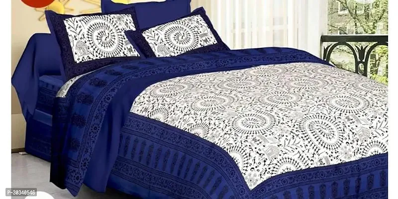 Comfortable Blue Cotton Queen 1 Bedsheet + 2 Pillowcovers-thumb0