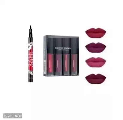 Red Edition Liquid Matte Mini Lipstick Pack Of 4 With 36H Waterproof Eyeliner Pencil