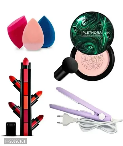 Hipbratsunisha Foundation + Hair Straightener + 5In One Lipstick With 3 Puffs In Different Colors