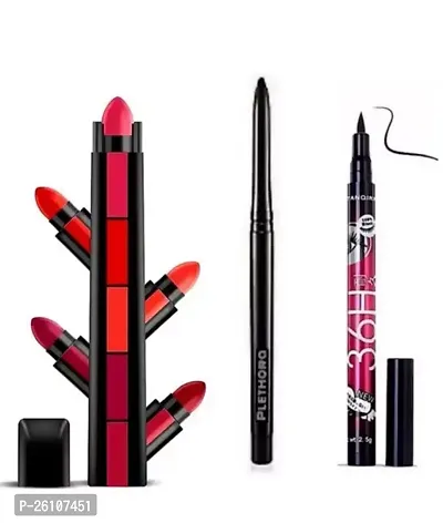 5 In 1 Lipstick Pack Of 1 And 36H Sketch Pen Eyeliner Pack Of 1, Long - Lasting 12 Hour Perfect Waterproof Kajal-Pack Of 3