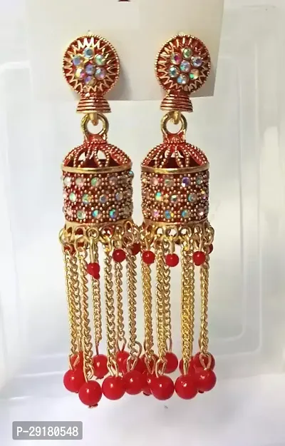 Red Alloy Beads Jhumkas Earrings For Women-thumb0