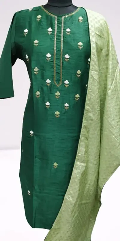Reliable Green Self Design Cotton Kurta with Dupatta Set For Women