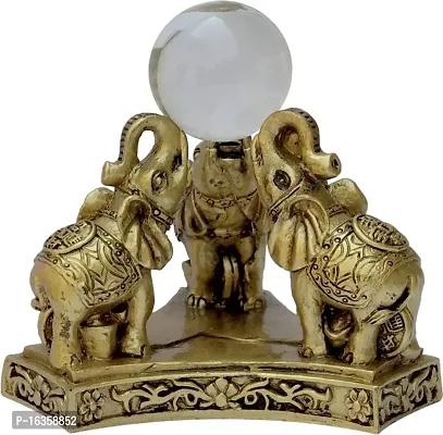 Vaastu Art Vaastu / Feng Shui /Triple Elephant With Crystal Ball For Wish, Wealth, Happiness And Prosperity Decorative Showpiece - 9 Cm (Polyresin, Gold)-thumb0