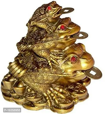 Vaastu Art Vaastu Fengshui Triple Luck Money Frog Family On Wealth Coins Tri Leg Frog Feng Shui Money Frog Decorative Showpiece - 9 Cm (Polyresin, Gold)-thumb0