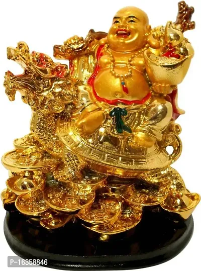 Vaastu Art Vaastu Feng Shui, Laughing Buddha Sitting On Dragon Tortoise For Happiness, Wealth And Goodlucknbsp; Decorative Showpiece - 13 Cm (Polyresin, Gold)-thumb0