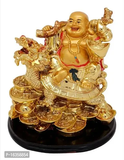 Vaastu Art Vaastu Feng Shui, Laughing Buddha Sitting On Dragon Tortoise For Happiness, Wealth And Goodluck Decorative Showpiece - 13 Cm (Polyresin, Gold)-thumb0