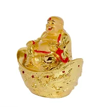 Laughing Buddha Sitting On Money Ingot For Health , Wealth And Good Luck Decorative Showpiece - 10.5 cm-thumb1