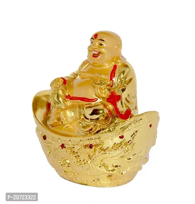 Laughing Buddha Sitting On Money Ingot For Health , Wealth And Good Luck Decorative Showpiece - 10.5 cm-thumb2