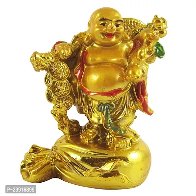 Three Coin Chain with Potli Laughing Buddha for Money, Success Decorative Showpiece - 8 Cm-thumb0