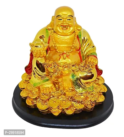 Laughing Buddha Sitting on Luck Coins and Carrying Ingot  Potli Decorative Showpiece - 9 Cm-thumb0