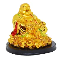 Laughing Buddha Sitting on Luck Coins and Carrying Ingot  Potli Decorative Showpiece - 9 Cm-thumb1