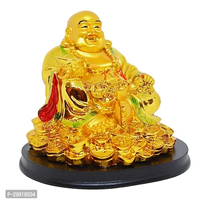 Laughing Buddha Sitting on Luck Coins and Carrying Ingot  Potli Decorative Showpiece - 9 Cm-thumb2