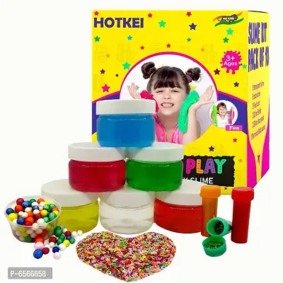 HOTKEI (Pack of 6 Slime Kit) DIY Multicolor Fruit Scented Magic Toy Slimy Slime Gel Jelly Putty Set Toys Kit for Boys Girls Kids Slime with Glitter | Charms | Stars | Thermocol Balls Set