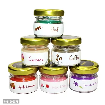 Divine senses Soy Wax Mini Jar Scented Candles | Oud, Cupcake, Coffee, Apple Cinnamon, Lotus & Rose, Lavender & Vanilla | Intensely fragranced Candles Pack of 6 Mini Jars