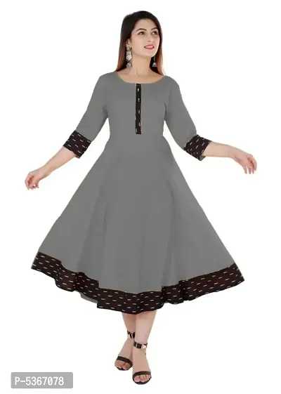 Women's Printed Cotton Anarkali Kurta(Grey)-thumb0