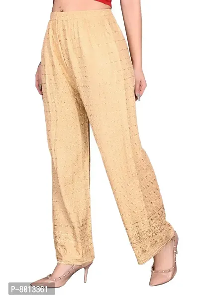 P G Women’s Wear Regular Fit Comfortable Designer Stylish Pure & Soft Flared Loose Fit Elastic Waist Rayon Palazzo Pyjama Free Size (Golden)-thumb4