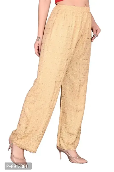 P G Women’s Wear Regular Fit Comfortable Designer Stylish Pure & Soft Flared Loose Fit Elastic Waist Rayon Palazzo Pyjama Free Size (Golden)-thumb3