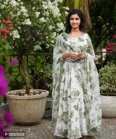 Green Chiffon Butta Floral Printed Gown With Dupatta