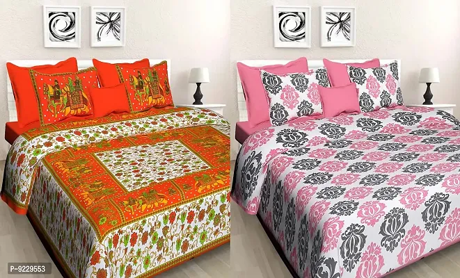 E-WISH BOX - - 100% Cotton Rajasthani Jaipuri King Size Combo Bedsheets Set of 2 Double Bedsheets with 4 Pillow Design no. 120-thumb0