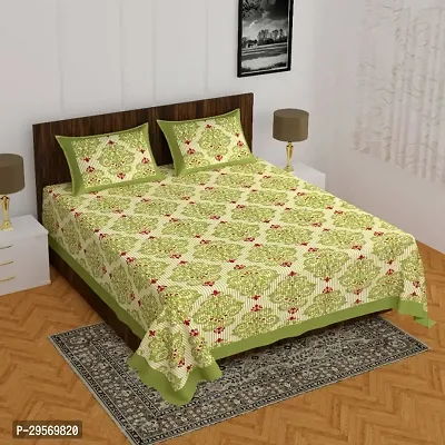 Comfortable Green Cotton Flat Double 1 Bedsheet + 2 Pillowcovers-thumb0