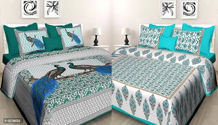 E-WISH BOX - 100% Cotton Rajasthani Combo Jaipuri Traditional King Size Double Bed Bedsheet for King Size Bed with 2 Pillow Cover's - Multicolour Spical Rakhi Offer A-260-thumb0