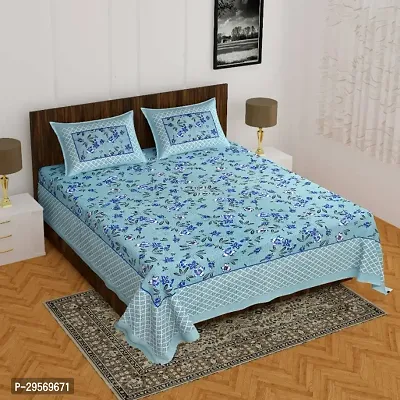 Comfortable Blue Cotton Flat Double 1 Bedsheet + 2 Pillowcovers