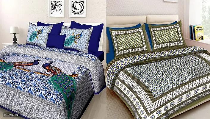 E-WISH BOX - 100% Cotton Rajasthani Jaipuri King Size Combo Bedsheet Set of 2 Double Bedsheets with 4 Pillow Covers (Multicolour) - 144 TC D.N - DS52