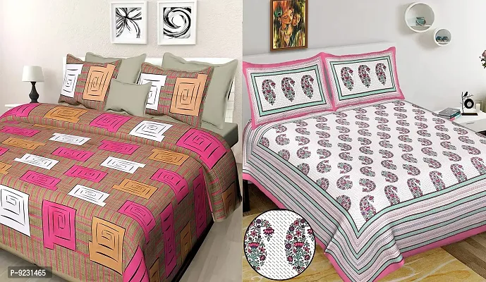 E-WISH BOX - - 100% Cotton Rajasthani Jaipuri King Size Combo Bedsheets Set of 2 Double Bedsheets with 4 Pillow Covers (Multicolour) -70-thumb0