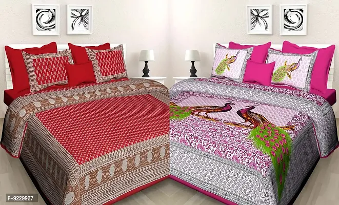 E-WISH BOX - - 100% Cotton Rajasthani Jaipuri King Size Combo Bedsheets Set of 2 Double Bedsheets with 4 Pillow Design no. 17-thumb0